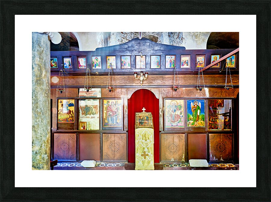 Old church interior with icons and altar in quiet setting Picture Frame print