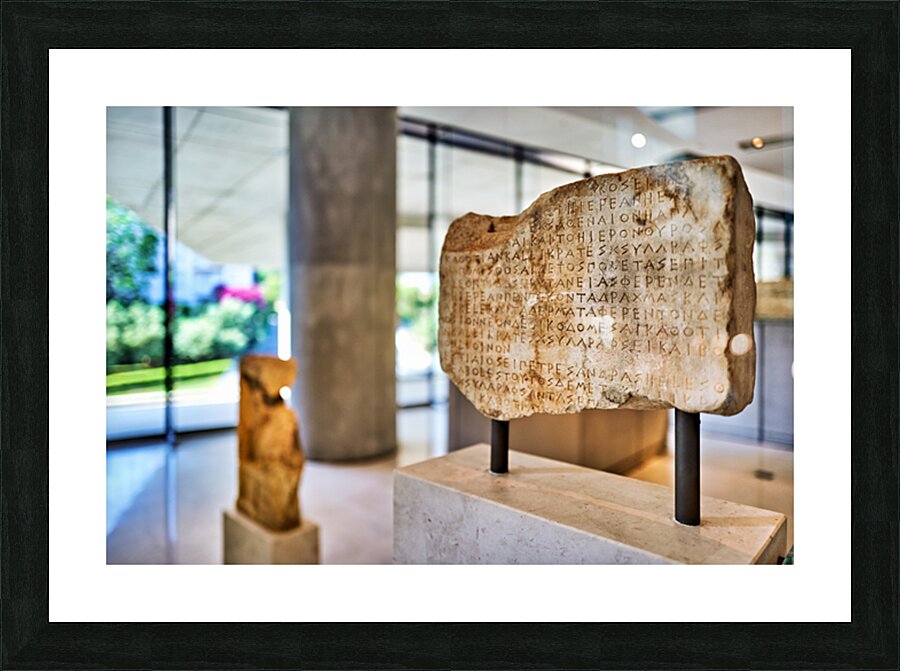 Exploring ancient inscriptions at the Acropolis Museum in Athens Picture Frame print