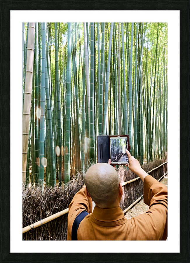 Buddhist monk takes pictures in Arashiyama Bamboo Grove in Japan Picture Frame print