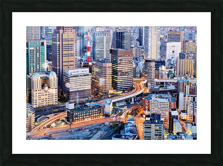 Osaka financial district at dusk with city lights and busy stree Picture Frame print