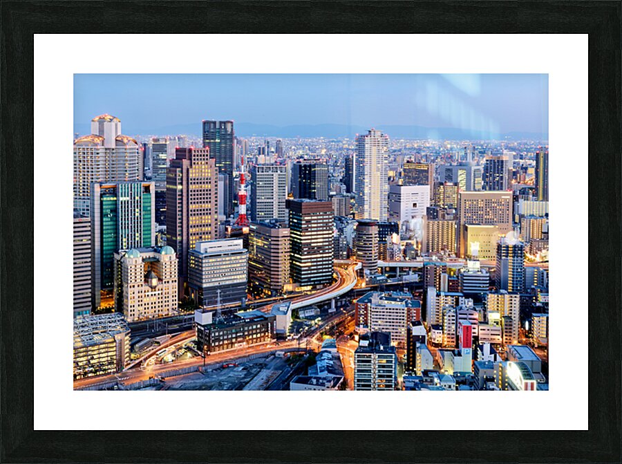 Osaka business district at dusk with city lights and buildings Picture Frame print