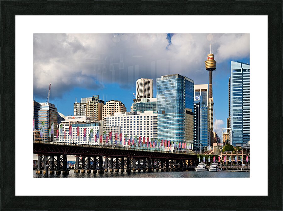 Sydney Harbour skyline with bridge and flags. Picture Frame print