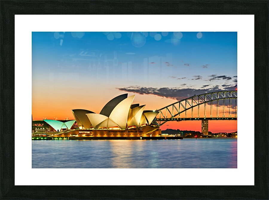 Sydney Opera House and Harbour Bridge at sunset. Picture Frame print