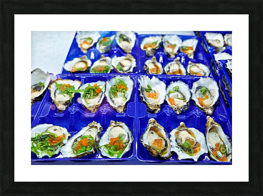 Fresh oysters with garnishes in blue trays. Picture Frame print