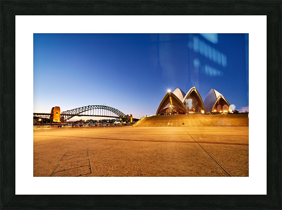 Sydney Opera House and Harbour Bridge at dusk. Picture Frame print