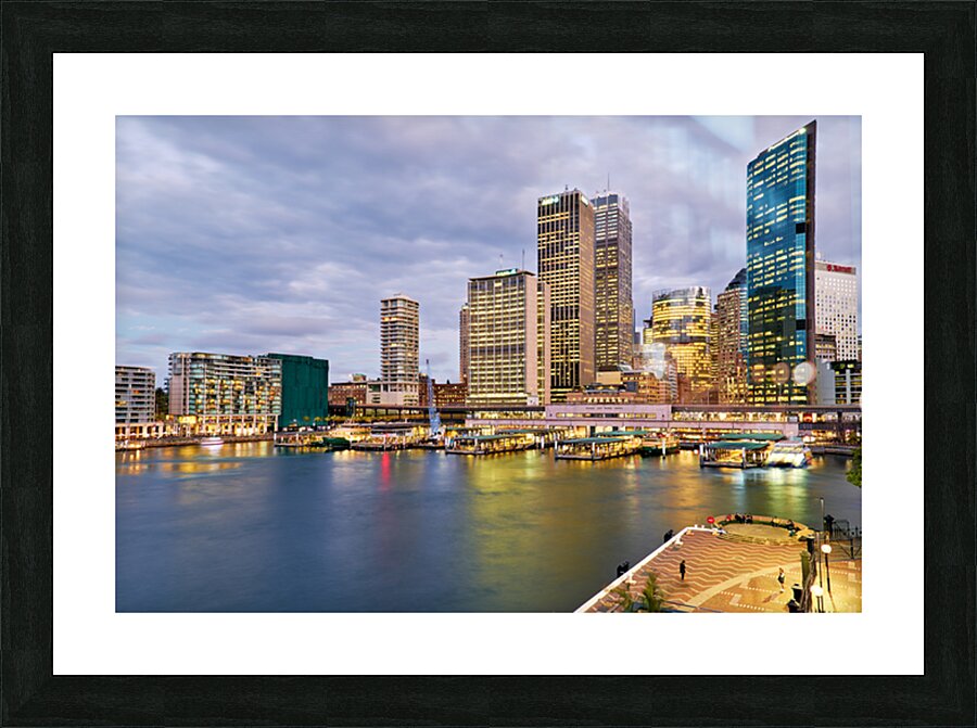 Sydney Harbour at dusk with ferries and city skyline. Picture Frame print
