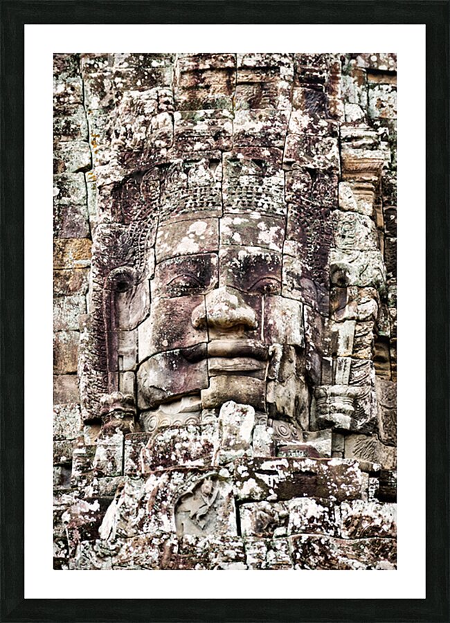 Ancient Khmer stone face Bayon temple. Picture Frame print
