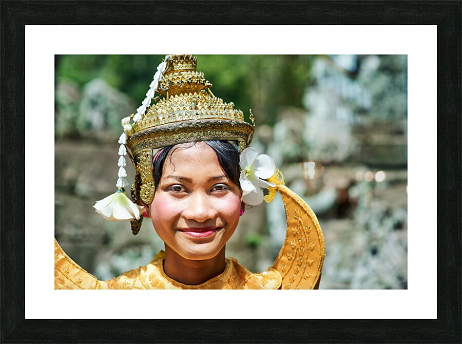 Smiling Cambodian dancer in traditional golden costume and crown Picture Frame print