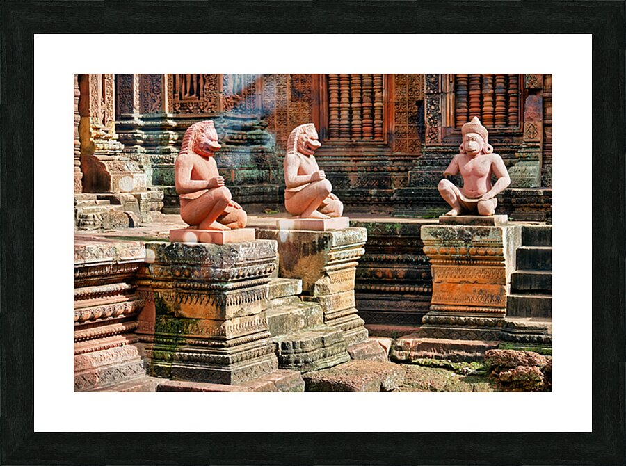 Ancient temple with guardian statues and ornate carvings. Picture Frame print