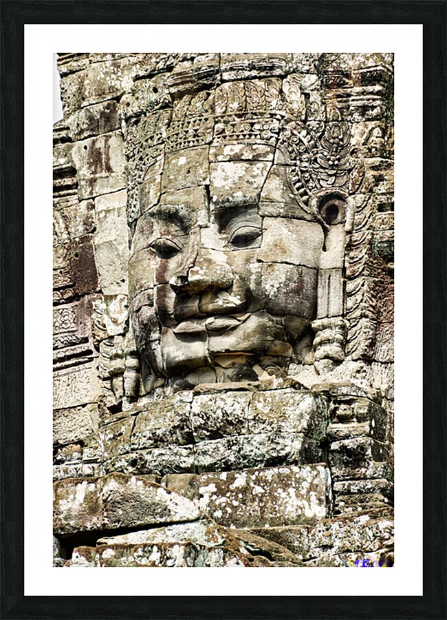 Serene stone face carving Bayon temple Angkor. Picture Frame print