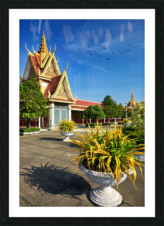 Golden temple green trees and birds under a blue sky. Picture Frame print