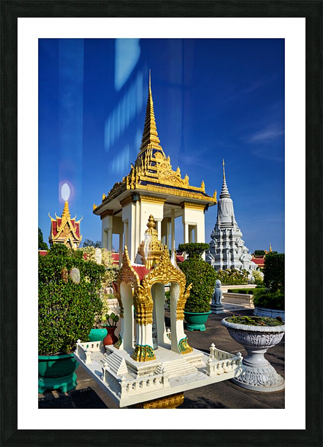 Golden temples and a grey stupa under a clear blue sky. Picture Frame print