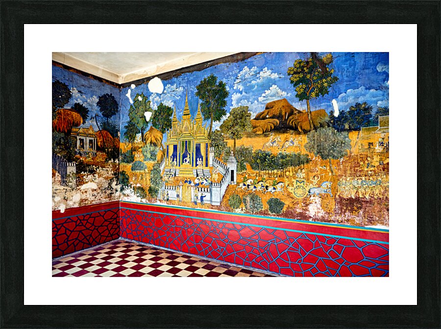 Vibrant aged mural depicting traditional temple scenes with peo Picture Frame print