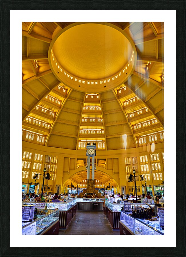 Grand domed market interior with central clock and bustling stal Picture Frame print