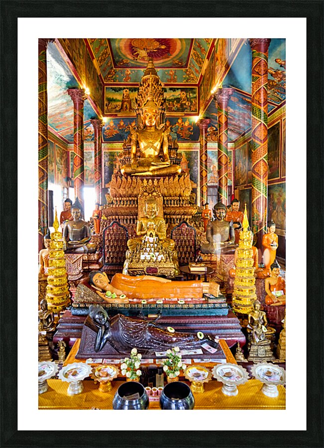 Golden Buddha statues and offerings in an ornate temple. Picture Frame print