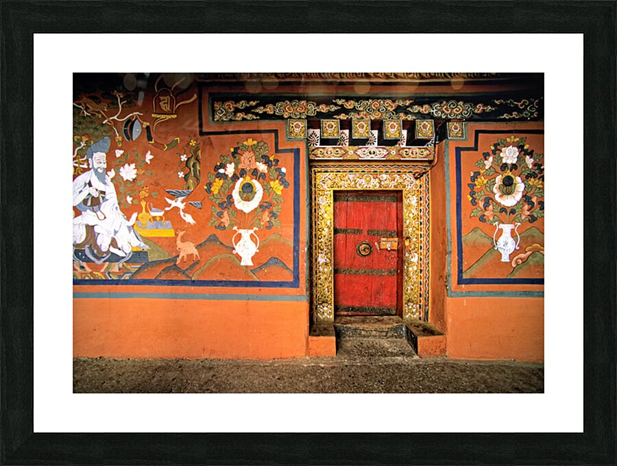 Vibrant wall murals and an ornate red door. Picture Frame print