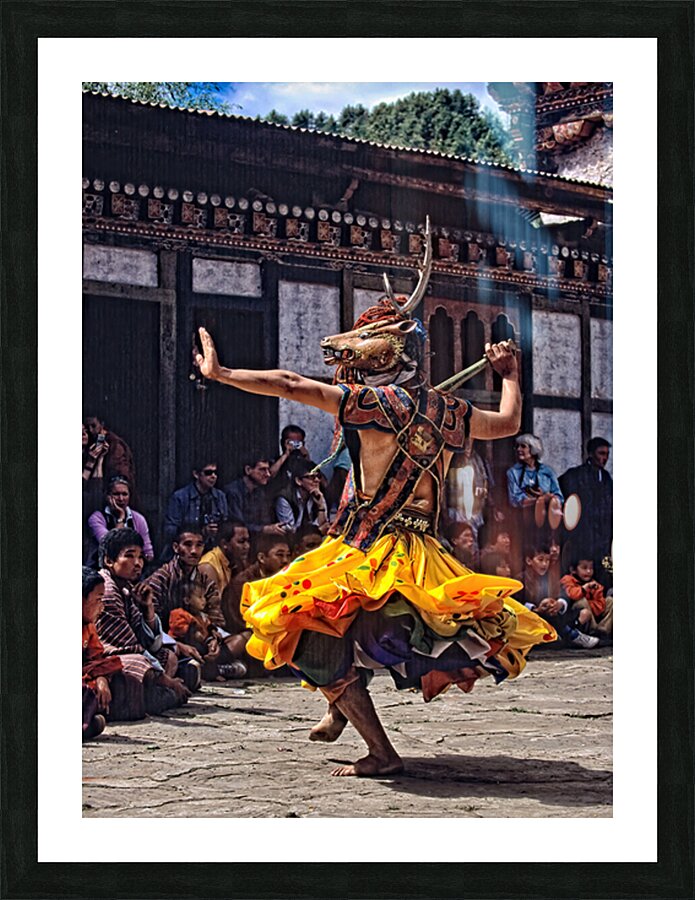 Bhutanese masked deer dancer performs for an attentive audience. Picture Frame print