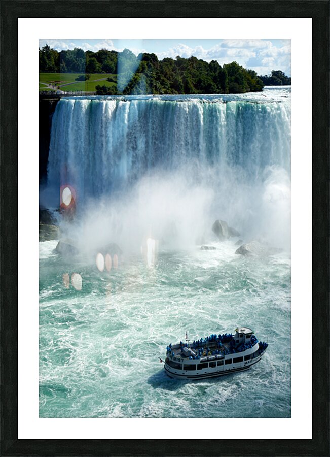 Maid of the Mist boat with tourists at Niagara Falls. Picture Frame print