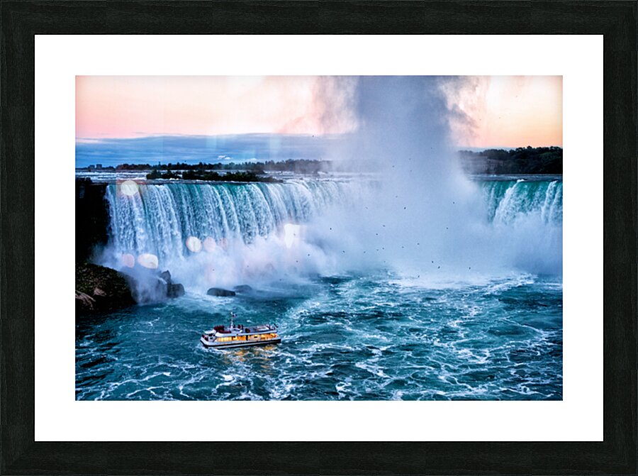 Hornblower boat approaches powerful Niagara Falls. Picture Frame print