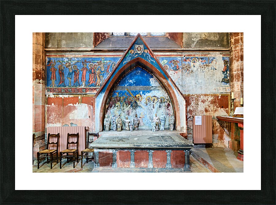 Old wall art and stone altar inside Saint Pierre le Jeune church Picture Frame print
