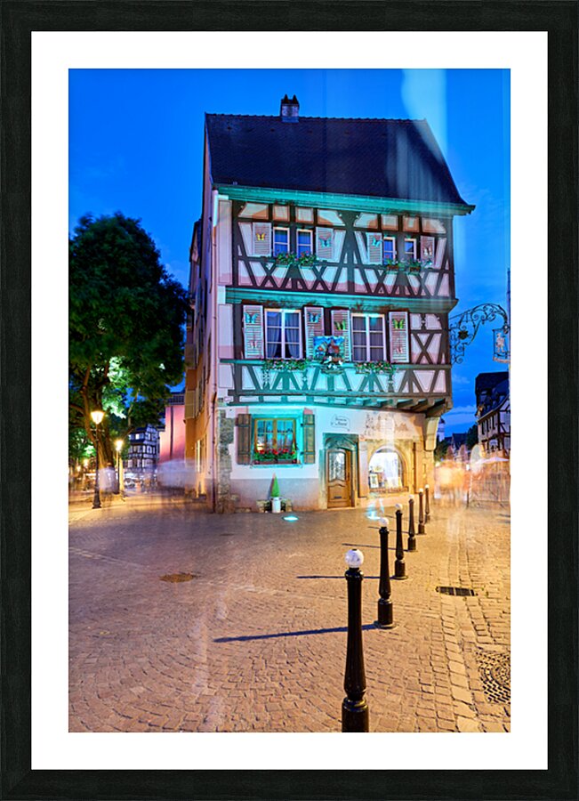 Timber framed houses in Colmar at night with soft lights Picture Frame print