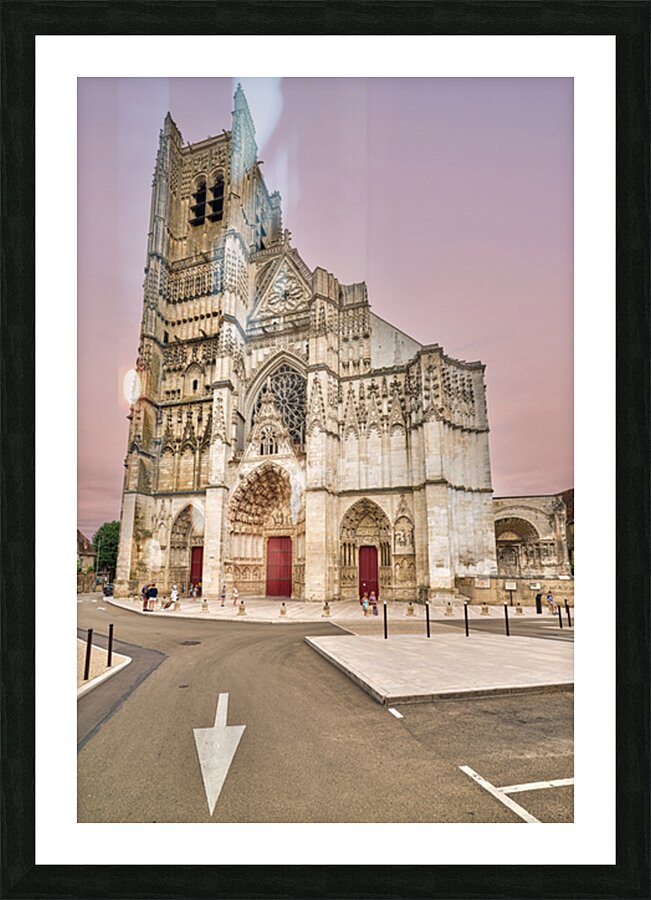 People walk near Auxerre Cathedral Saint Etienne Picture Frame print