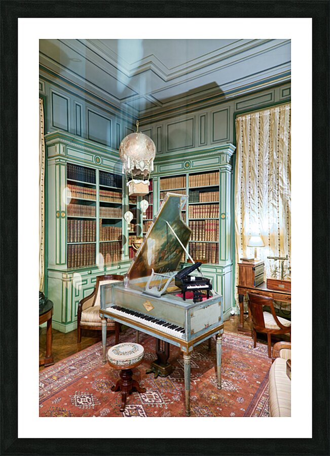 Chateau de Cheverny interior with piano and bookshelves Picture Frame print