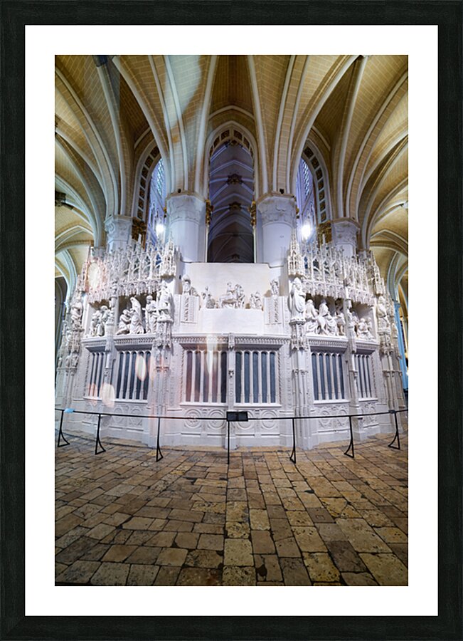 Chartres Cathedral interior with detailed white altar and sculpt Picture Frame print