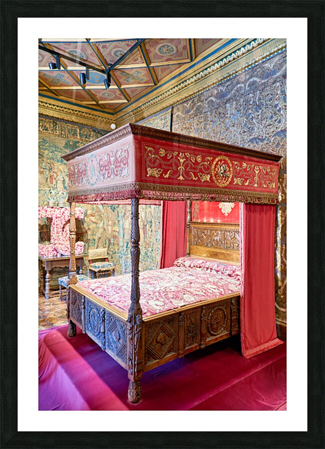 Historic bed at Chateau de Chenonceau in France Picture Frame print