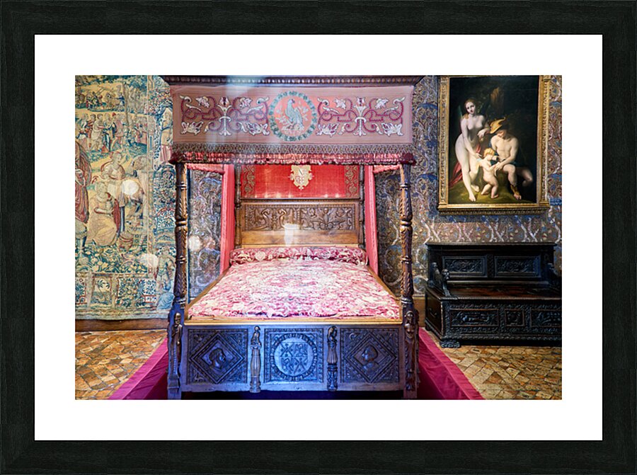 Historic bed in the Chateau de Chenonceau in France Picture Frame print
