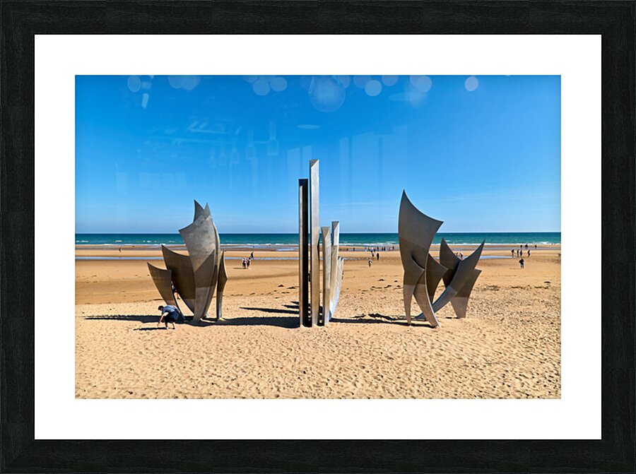 Visit to Omaha Beach in Normandy France with memorial sculpture Picture Frame print