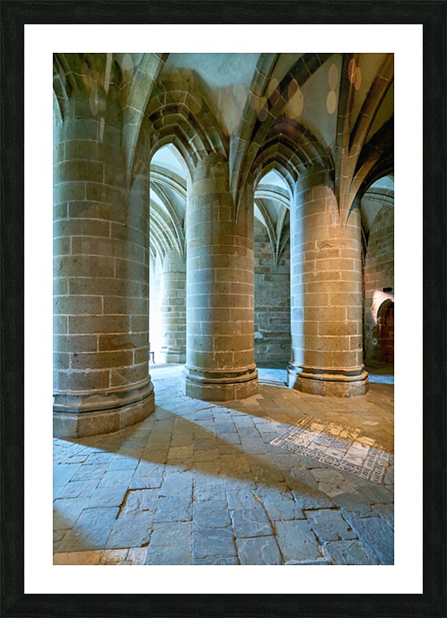 Inside Mont Saint Michel Abbey in Normandy France with stone co Picture Frame print