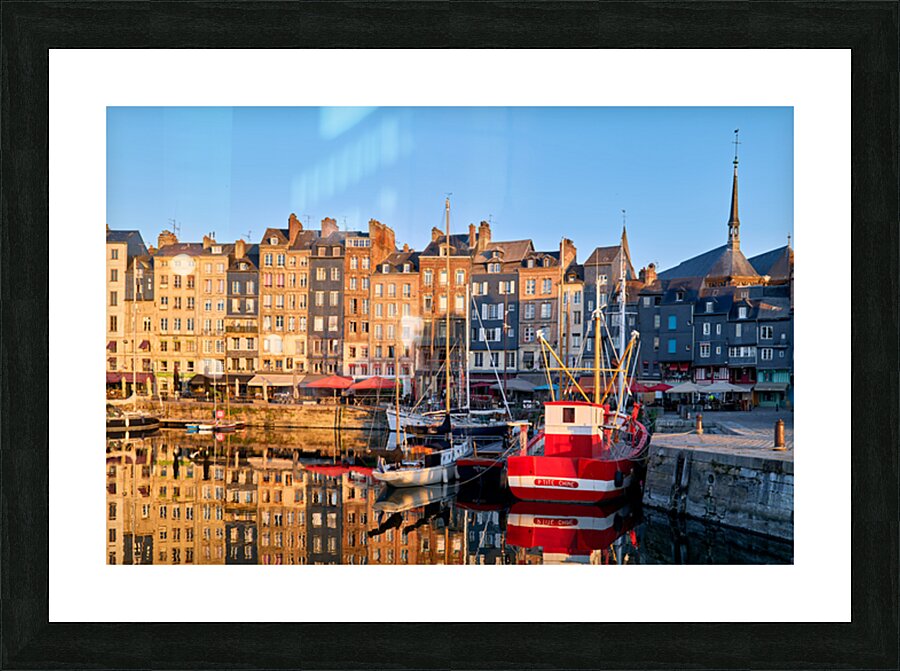 Sunrise at Honfleur harbour in Normandy France with reflections Picture Frame print
