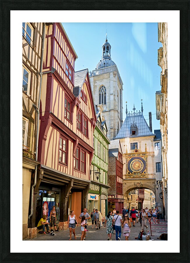 Walking in Rouen near Le Gros Horloge clock in Normandy France Picture Frame print