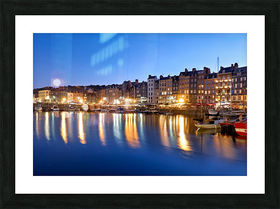 Harbour view of Honfleur at dusk with boats and buildings Picture Frame print