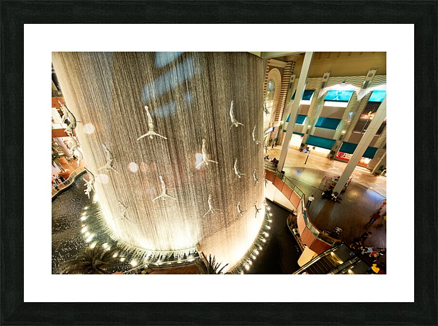 Diving sculptures at Dubai Malls waterfall showcase unique art Picture Frame print
