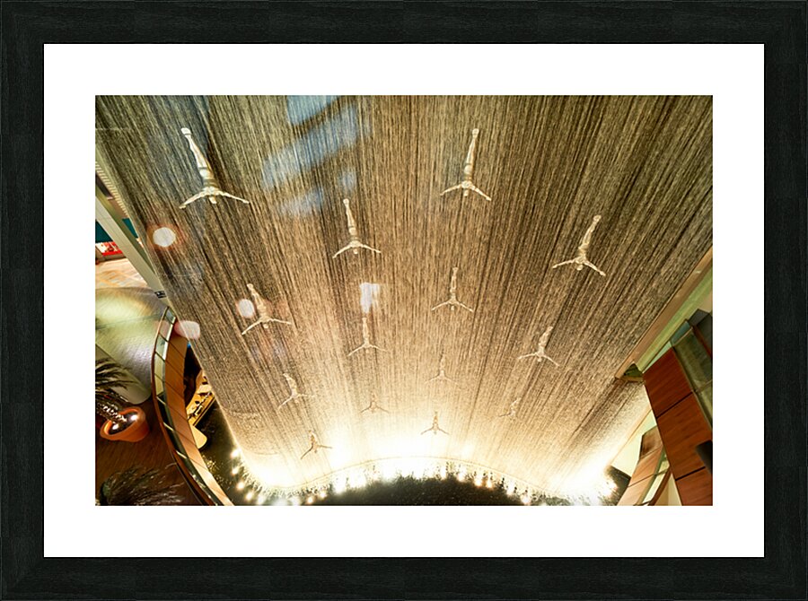 Dubai Mall waterfall features diving sculptures in UAE Picture Frame print