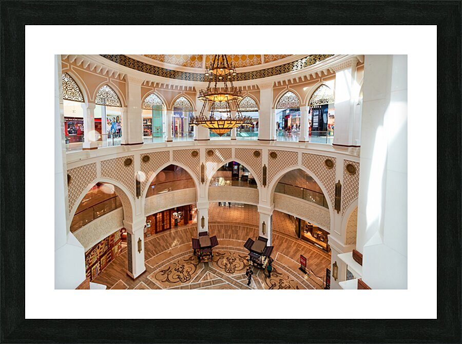Explore grand shopping mall interior in Dubai with multiple leve Picture Frame print