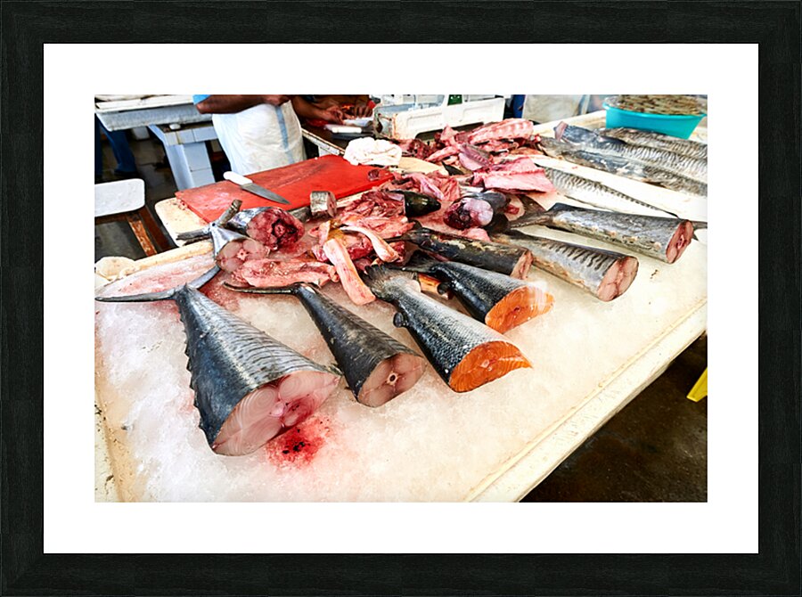 Fresh fish and seafood displayed on ice in Dubai market Picture Frame print