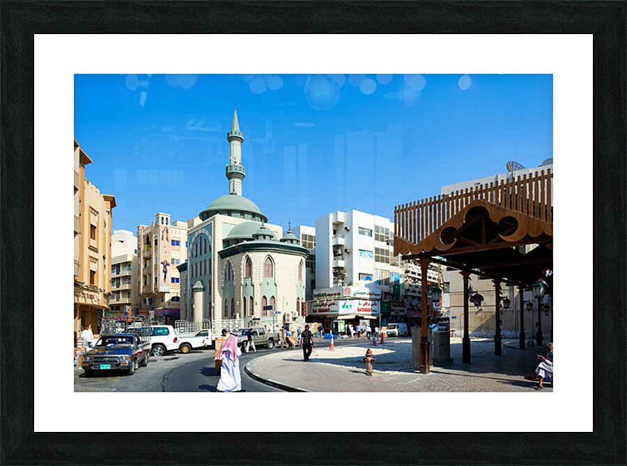 Middle Eastern street scene with mosque and market in Dubai UAE Picture Frame print