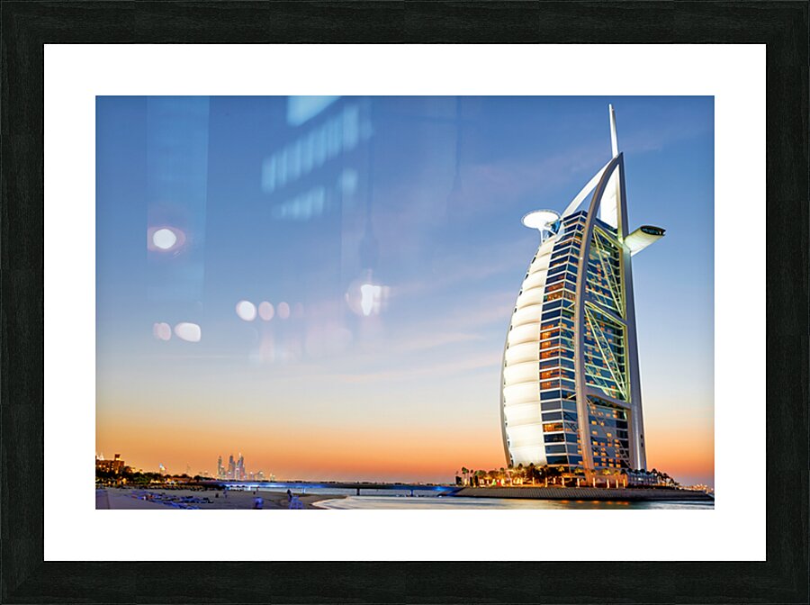 Burj Al Arab shines during sunset in Dubai UAE Picture Frame print
