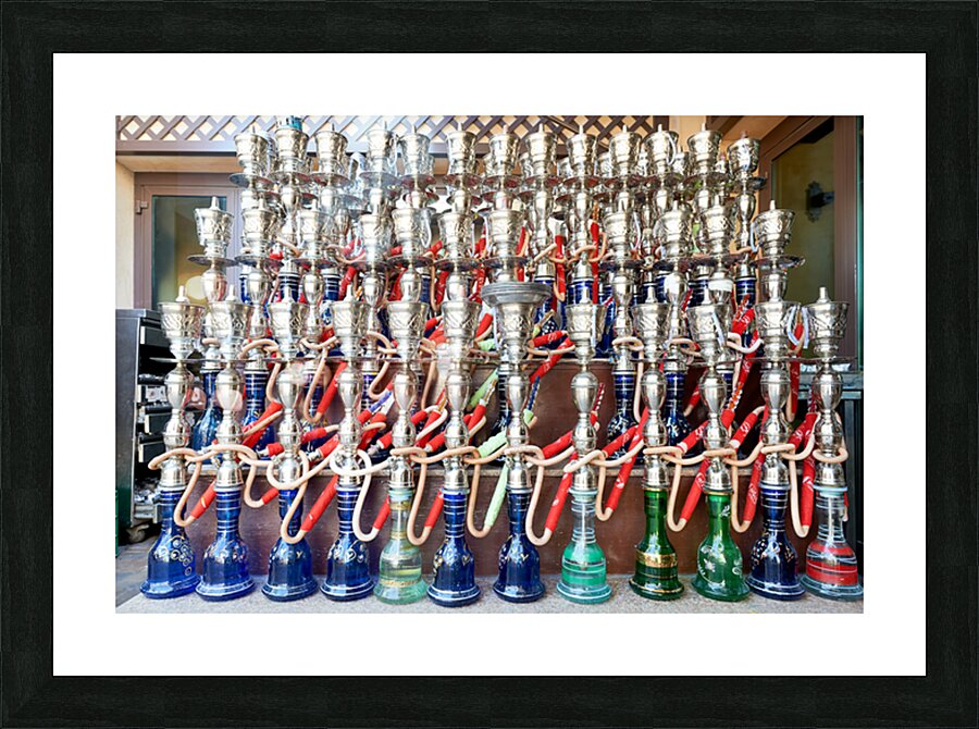 Display of hookahs for sale in Dubai cafe with many options Picture Frame print