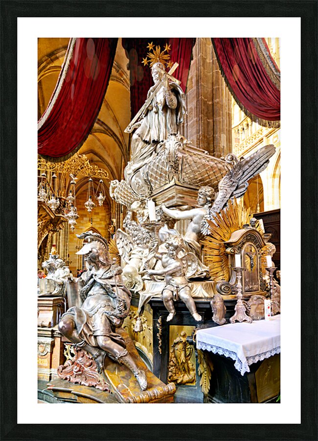 Ornate silver religious monument inside a grand cathedral. Picture Frame print