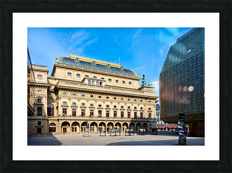 Pragues National Theatre and modern architecture contrast under Picture Frame print