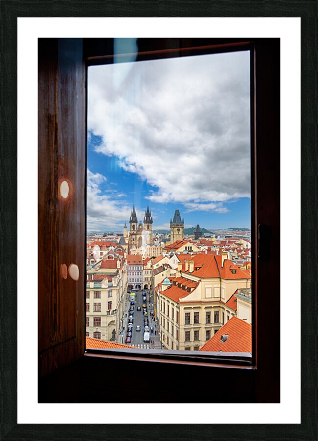 Prague cityscape from window Tyn Church red roofs. Picture Frame print