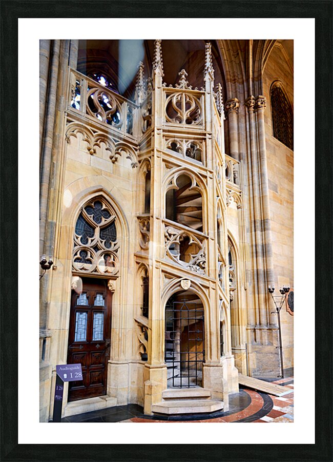 Ornate Gothic spiral staircase and architecture. Picture Frame print