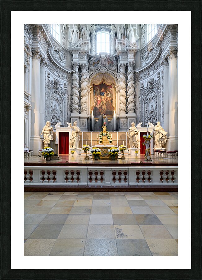 Interior view of Theatinerkirche in Munich with altar and sculpt Picture Frame print