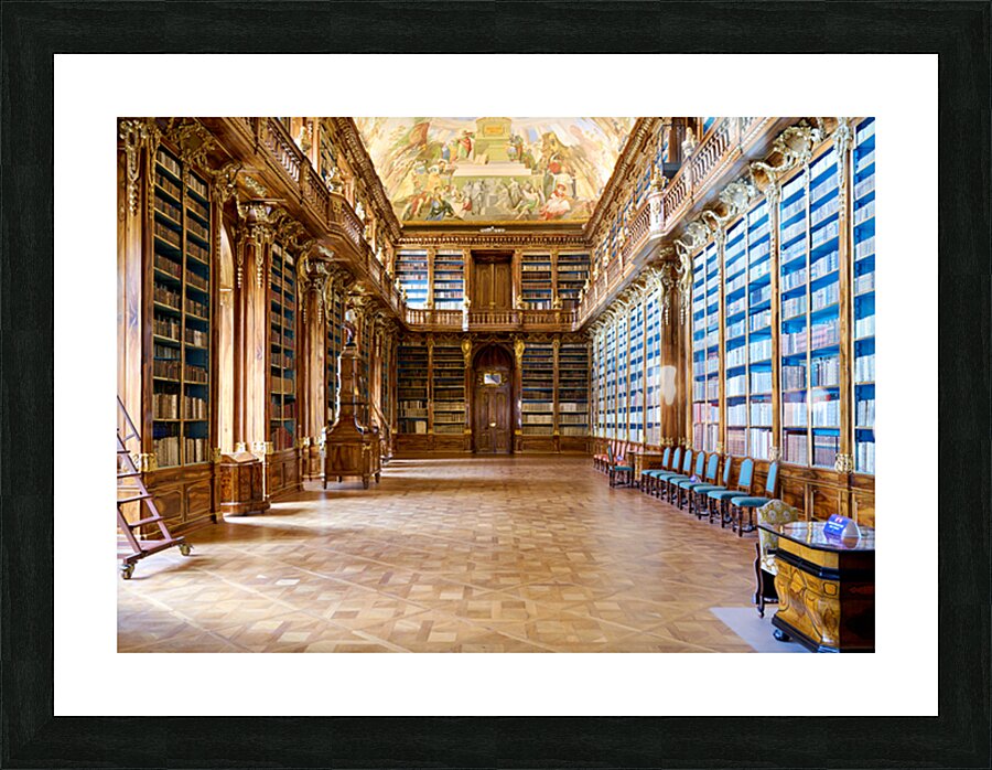 Magnificent baroque library filled with books and ceiling fresco Picture Frame print