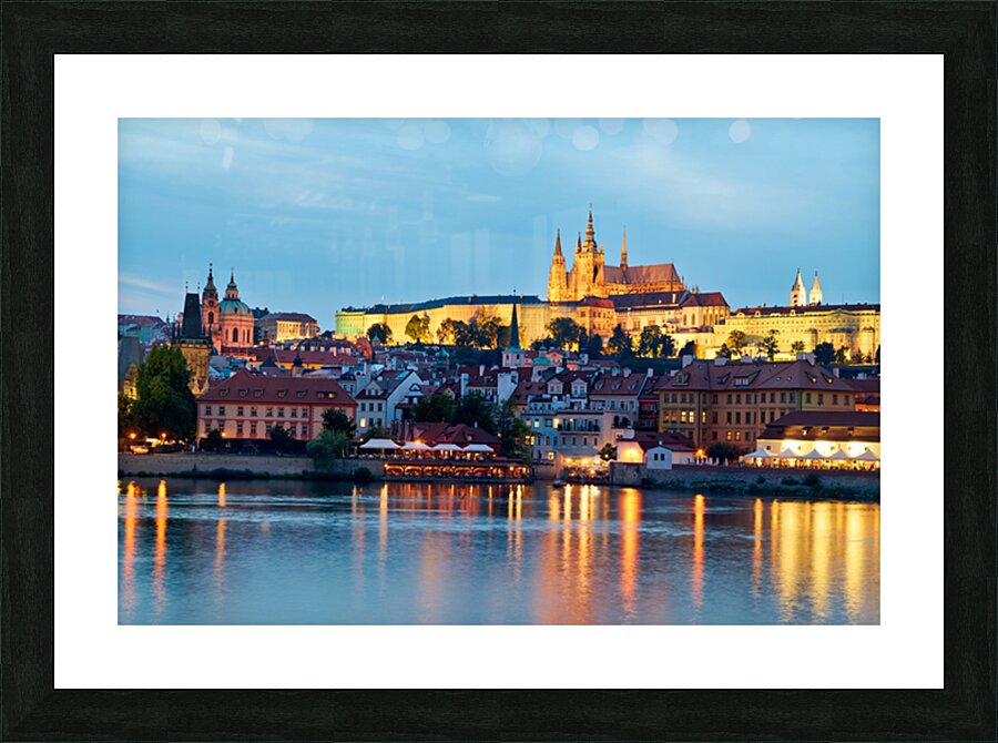 Prague cityscape at night with castle and river reflections. Picture Frame print