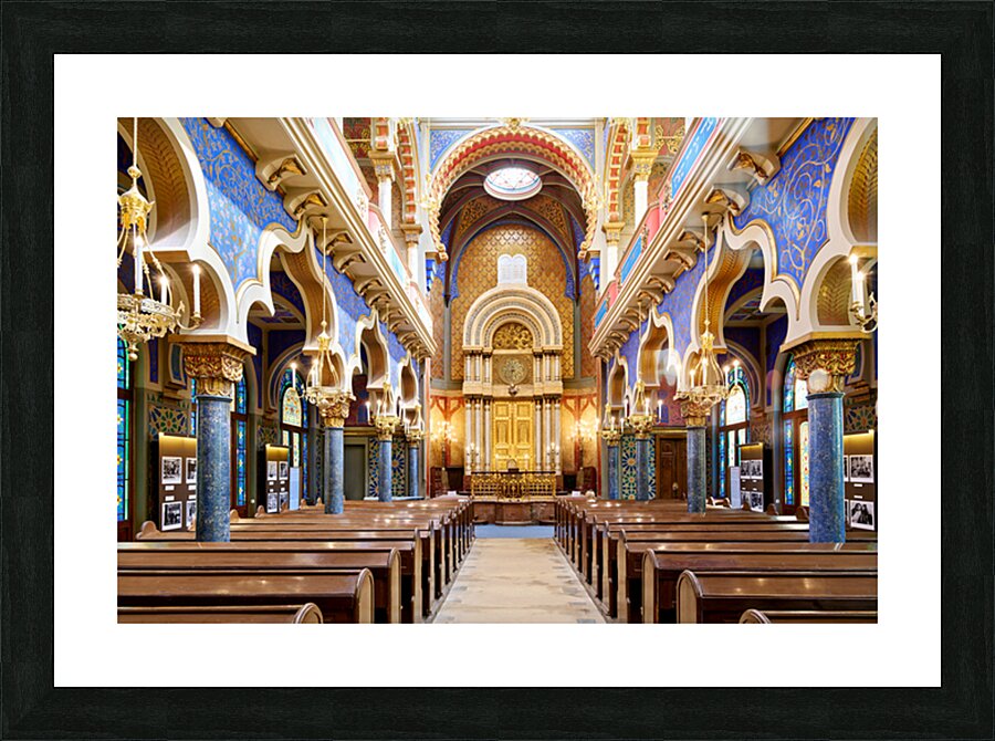 Grand ornate synagogue interior featuring golden ark and pews. Picture Frame print